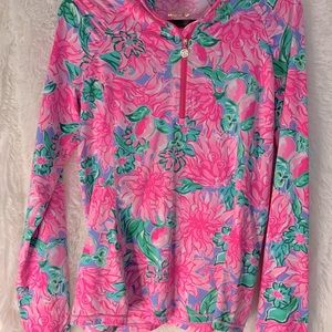 Lilly P half zip Justine pullover in “Pink Blossom” “Try your Zest” Lg NWT